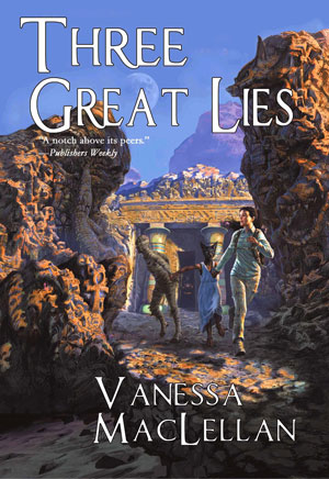 Three Great Lies book Cover featuring a person running from something between unseen in a rocky desert envoirnment.
