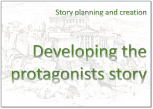 Text over a line drawing of a city - Story planning and creation: Developing the protagonists story