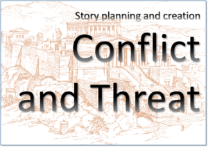 An organge line-drawing background of an ancient city with the words: Story Planning and Creation: Conflict and Threat