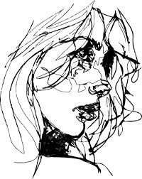 A close-up line drawing of a woman's face
