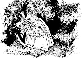A drawing of a medieval woman in the forest