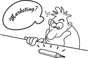 A line drawing of a man thinking about marketing