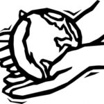 A line drawing of hands holding a globe.