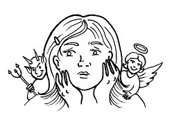 Line art of a woman with an angel on one shoulder and a devil on the other.