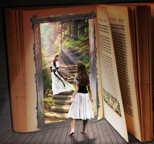 A woman walking into a book filled with a forest