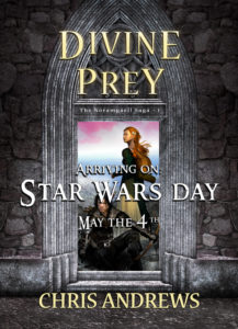 Cover artwork for Divine Prey, featuring a stone doorway and two people beyond it.