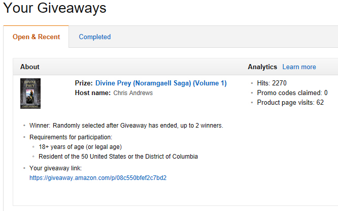 Amazon giveaway screenshot showing 2270 giveaway views and 63 page visits.