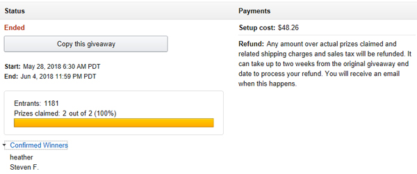 Amazon Giveaway screenshot showing 1181 entrants and US$48.26 in costs.