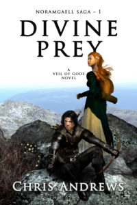 Two people within an archway, with the words: Divine Prey.