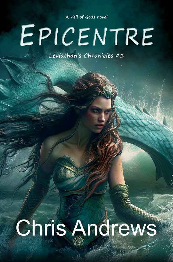 A mermaid in water, a long tail behind her.
